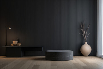 Interior room composition with grey wall panels and minimal decoration