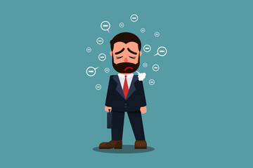 Businessman who is sighing due to tired from unhappy work. Businessman with negative energy. Business concept. Vector illustration