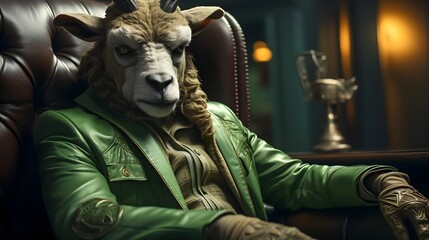 Obraz premium A photo-realistic image of a Bison in a green suit sitting in a leather armchair