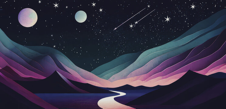illustrazione di paesaggio notturno di mondo alieno con pianeti e stelle nel firmamento