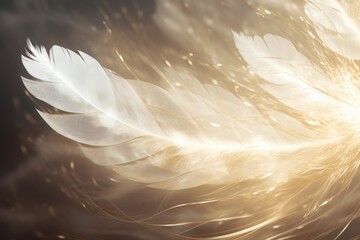 Ethereal golden feathers background, glowing light shines through, light and airy design