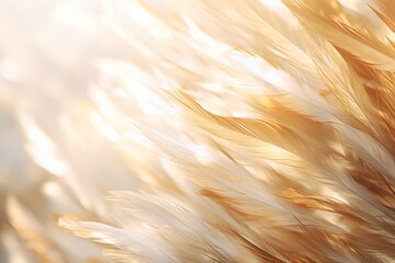 Ethereal golden feathers background, glowing light shines through, light and airy design