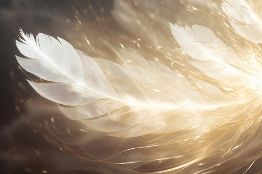 Fototapeta Ethereal golden feathers background, glowing light shines through, light and airy design