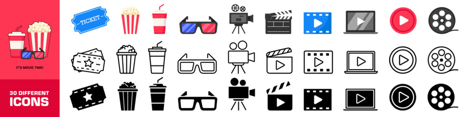 Cinema icons. Cinema icons set. Flat linear and silhouette style.