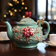 A teapot ornated with christmas floral design,  teapot adorned with holiday decor.