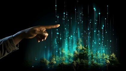 A hand pointing to a forest of glowing green trees, blue-green glow, smart forest, green forest technology, eco-friendly technology, green innovation