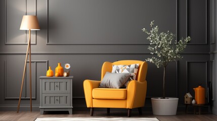 interior corner room with low cupboard, armchair, wooden floor lamp and gray walls