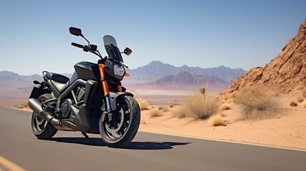 Motorcycle Parked on an Empty Road in the Desert. generative AI