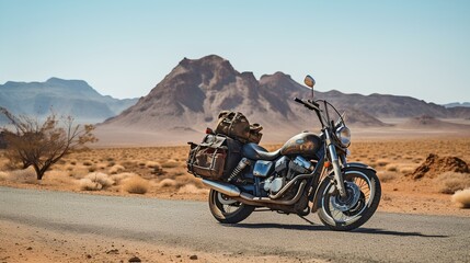 Motorcycle Parked on an Empty Road in the Desert. generative AI