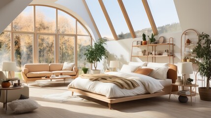 Comfortable bed with pale mustard and white linens, bright pillows and blankets by the window.