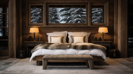grand lit dans une chambre à l'intérieur d'un chalet en bios à la montagne l'hiver - obrazy, fototapety, plakaty