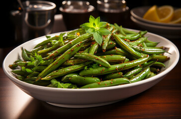 Ceramic bowl with Sautéed Chili Garlic Green Beans on wooden table. Horizontal, side view.