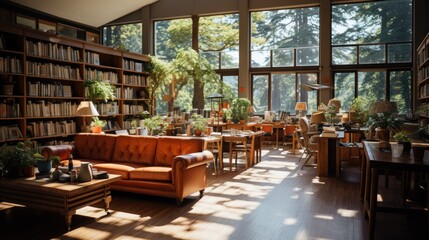 Fototapeta premium A comfortable library with neatly arranged tables and books with lighting from the windows