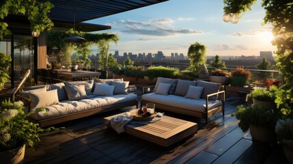 Fototapeta premium Large open rooftop terrace with relaxing space with plants with city views