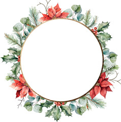 Watercolor vector poinsettia Christmas frame, spruce, fir, cedar branches, eucalyptus and pine cones. Template space for text, message, sign for greeting cards, invitation, wedding card, celebration