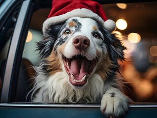 A dog with Santa hat hanging out of a car window with the tongue out - Powered by Adobe