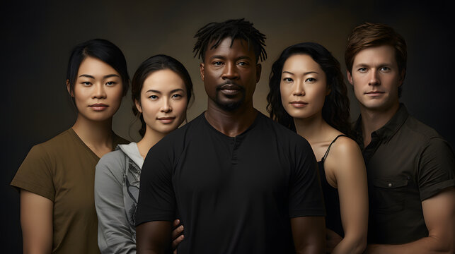 A diverse ensemble of five individuals in their 30s, showcasing multicultural unity