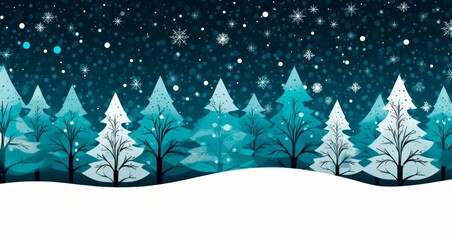 minimalist green  and white christmas background line art illustration with trees, snow and stars, Xmas card background banner, copy space for text