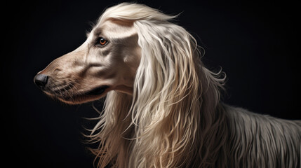 A stunning Afghan Hound's close-up portrait highlights its luxurious coat and charm.