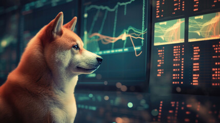 A Shiba Inu, a symbol of crypto culture, poses in front of a cryptocurrency trading chart, epitomizing the digital finance era - obrazy, fototapety, plakaty