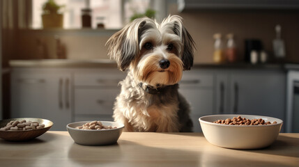 A hungry dog patiently waits next to its full food bowl - obrazy, fototapety, plakaty