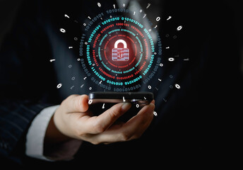 Cyber security, with safety lock system for network, information or data. Person with icon on personal smartphone screen for privacy, antivirus or hacking and fraud or access control