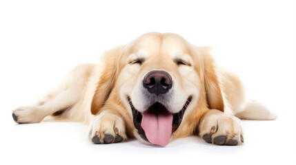Happy Labrador Retriever Lying on White Background.