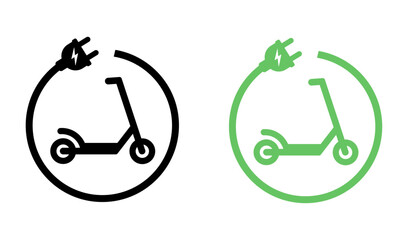 Electric Scooter Icon Set. Charging E-Scooter Icons. Ecological Transportation Symbol. E-Scooter With Thunderbolt Sign. Vector Flat Green Eco-Friendly Transportation. Electro Bike Logo