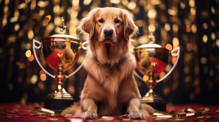 In the spotlight, a top dog claims victory with a gleaming golden cup, epitomizing excellence.