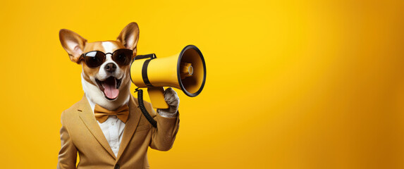 A dog with a loudspeaker commands attention on a vibrant yellow background, ready to make some noise. - obrazy, fototapety, plakaty