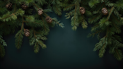Fir branches with pinecones against a dark and moody background, creating a festive and natural ambiance.