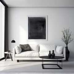 modern living room with sofa, black and white