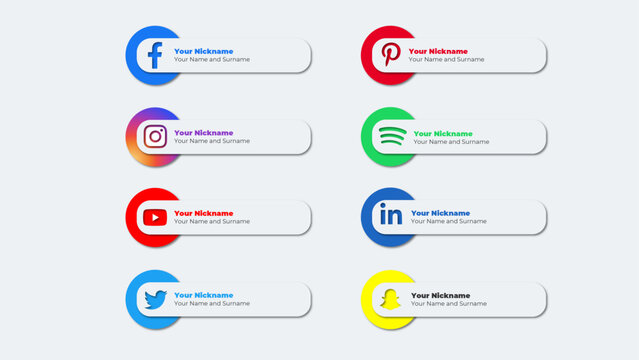 8 Social Media Lower Thirds in bright colors. Most Popular Social Media Icons in flat style.