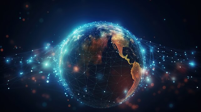 Big data abstract background with planet Earth. Futuristic technology network concept. Global database visualization.