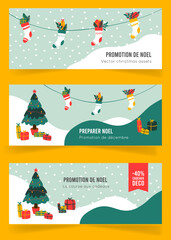 Banniere de Noël pour site web et newsletter, fond pour carte de vœux, bonne année, sapin de noel, cadeaux, chaussette de Noël, illustration vectorielle
