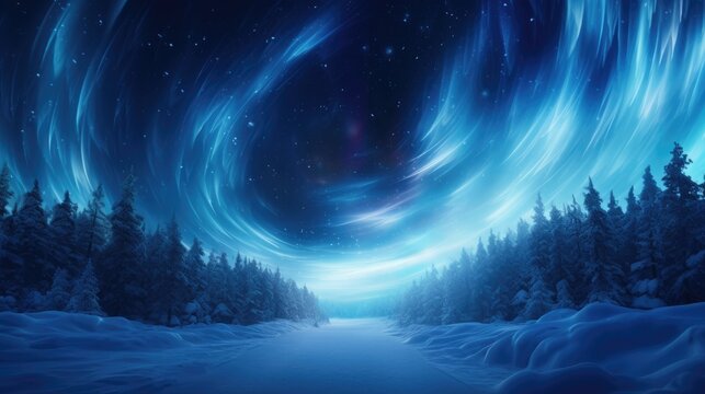 Deep blue polar lights spiraling in a starlit sky