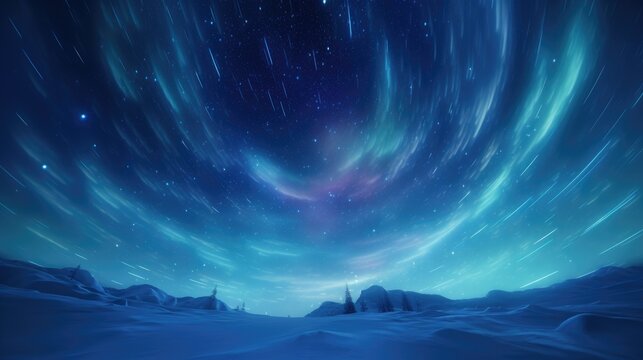 Deep blue polar lights spiraling in a starlit sky