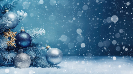 Set Of Balls And Brunches On Blurred Background With Snowed Christmas Trees