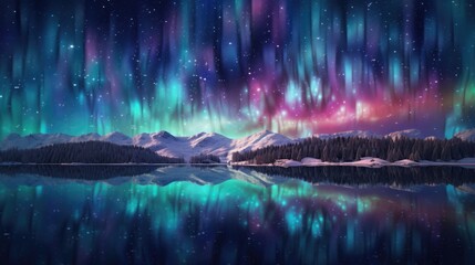 Polar lights reflecting off a frozen lake