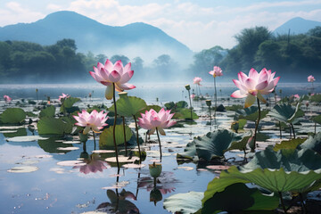 Pink lotus flowers in a pond