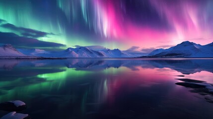 Fototapeta na wymiar Vivid pink and green polar lights over Arctic waters