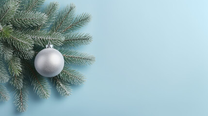 Silver Christmas baubles delicately hanging among frost-kissed spruce branches and pinecones, set against a soft blue background scattered with snowflakes.