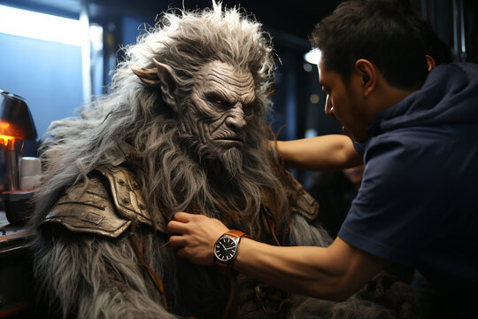 A skilled makeup artist using special effects techniques to create a realistic werewolf transformation, with fur, and glowing eyes.