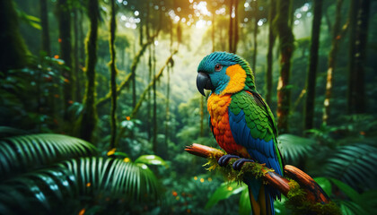 A colorful parrot perched on a branch in a rainforest.