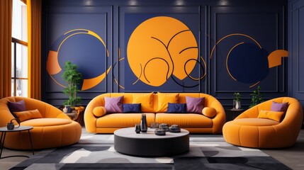 A Cozy Living Room with Stylish Furniture and a Striking Wall Painting. A living room filled with colourful furniture and a painting on the wall