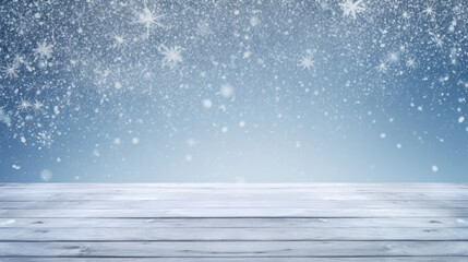 Serene winter backdrop of sparkling snowflakes falling against a blue sky, with a textured wooden platform in the foreground.