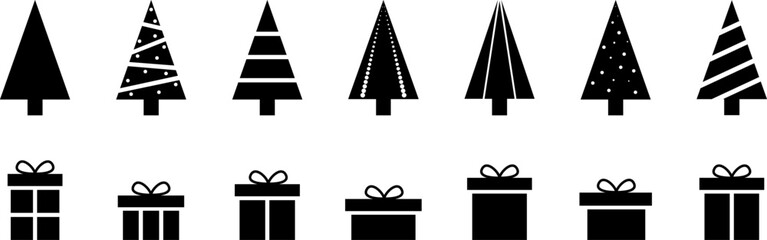 Merry Christmas and Happy New Year. Collection of fir trees, gift boxes. Black and white design. Simple signs, symbols. Vector illustration