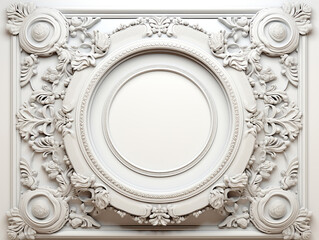 cornice rotonda bianca in stile barocco su sfondo bianco , ideale per inserimento foto, facilmente scontornabile - obrazy, fototapety, plakaty