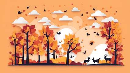 autumn landscape with trees and birds