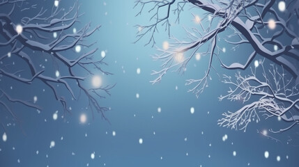 Fototapeta na wymiar Tree branches on the background of winter, snowy landscape. AI Generated